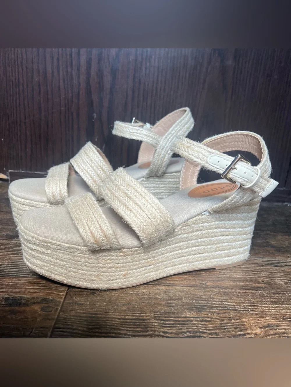 Scoop Natural Beige Jute Espadrille Double Strap Platform Wedge Sandals Size 7